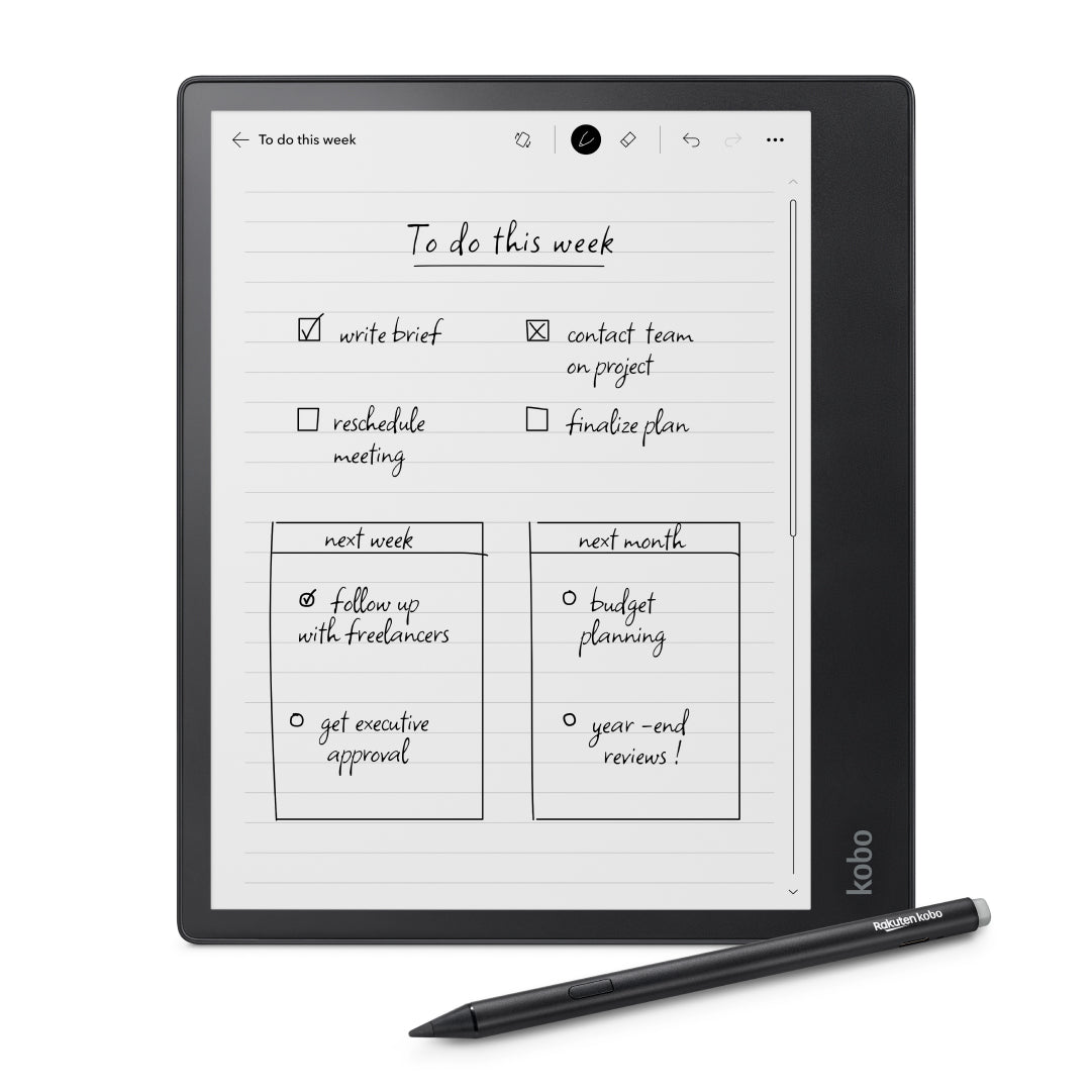 Black Kobo Elipsa 2E front view with black Kobo Stylus 2.