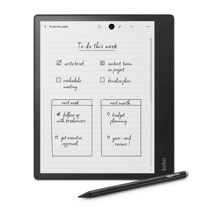 Black Kobo Elipsa 2E front view with black Kobo Stylus 2.