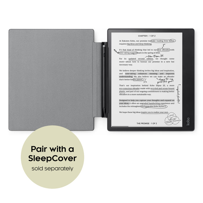 Black Kobo Elipsa 2E and black Kobo Stylus 2 in a Kobo Elipsa 2E Sleepcover, sold separately.