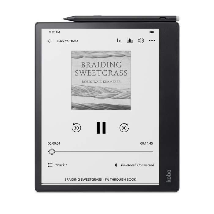 Black Kobo Elipsa 2E paired with a black Kobo Stylus 2.